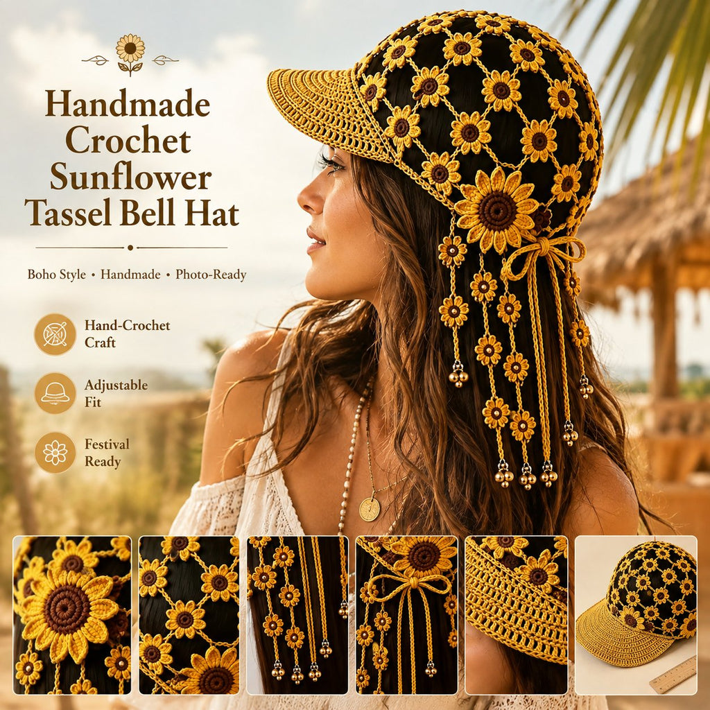 SunflowerChime – Handmade Crochet Tassel Bell Hat