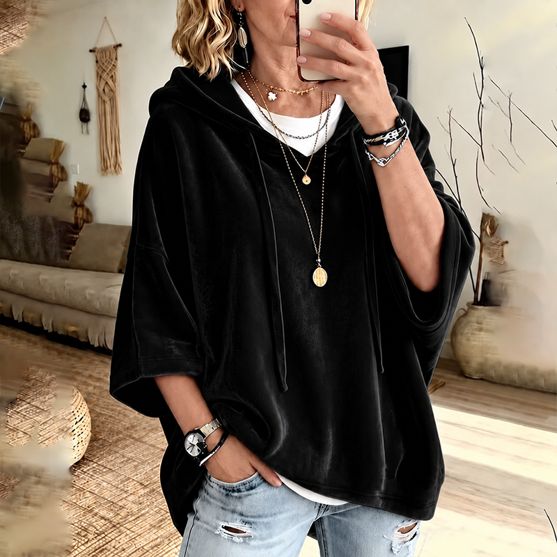 PlushDrape – Women's Velour Oversized Hoodie with 3/4 Sleeves
