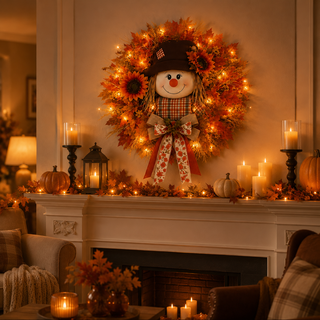 HarvestGlow – Lighted Scarecrow Fall Wreath