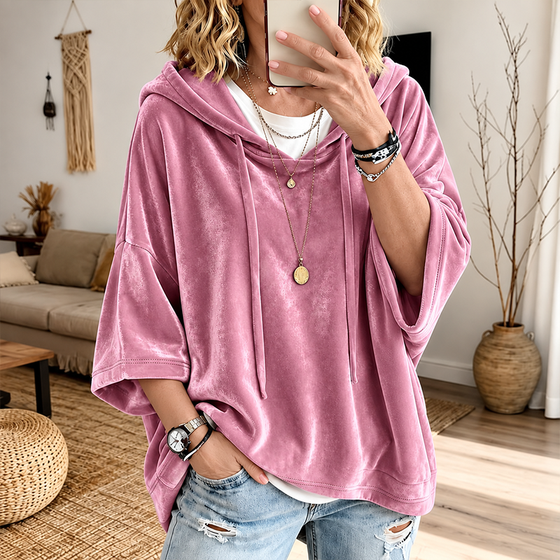 PlushDrape – Women's Velour Oversized Hoodie with 3/4 Sleeves
