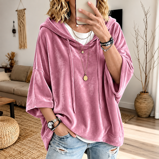 PlushDrape – Women's Velour Oversized Hoodie with 3/4 Sleeves