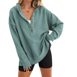 LayerEase – Women’s Oversized Button V-Neck Hoodie with Side Slits