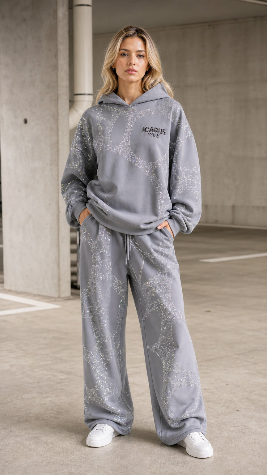 ShimmerEase – Washed Rhinestone Oversized Hoodie & Wide-Leg Pants Set