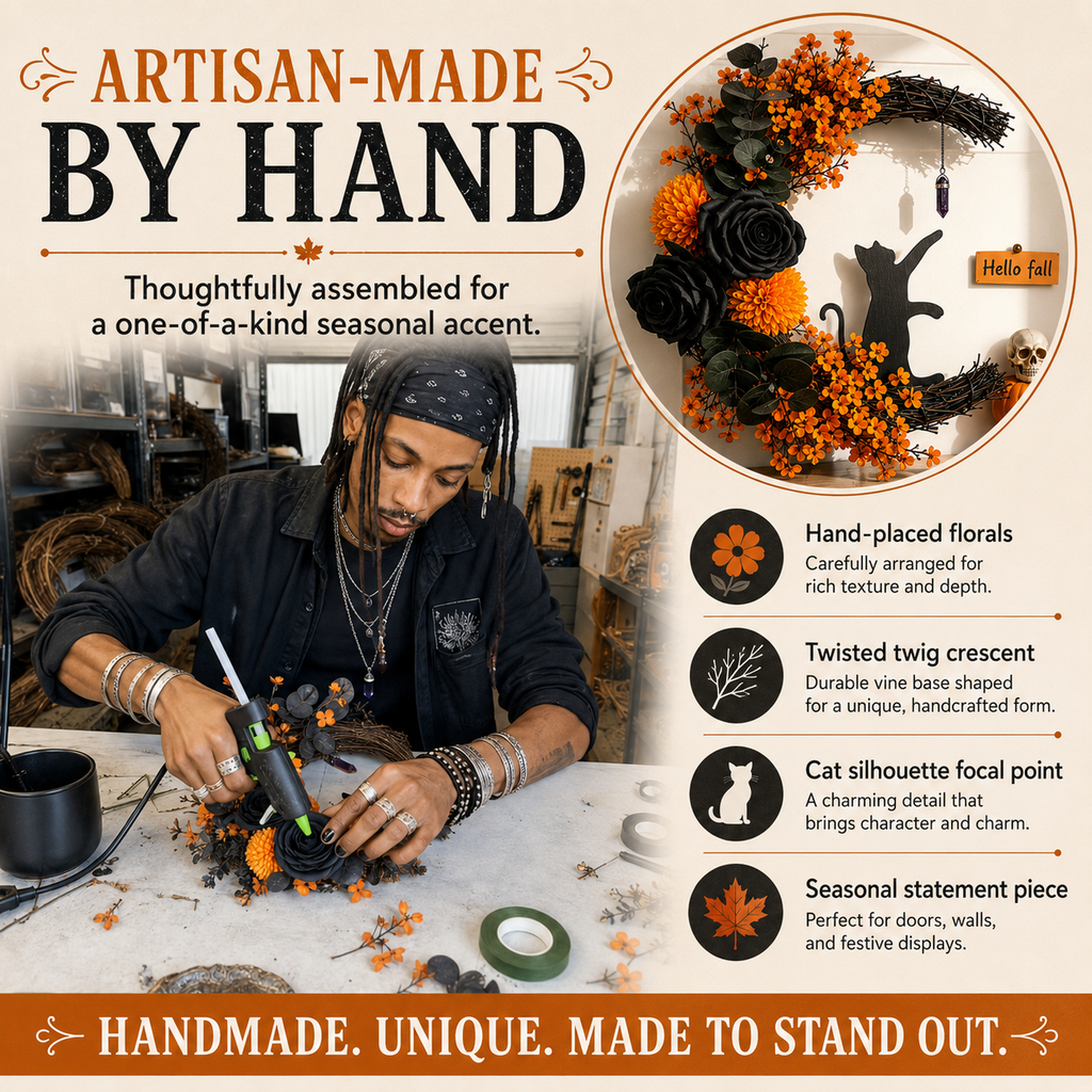 CrescentPurr – Handmade Halloween Cat Wreath🐈‍⬛🌙