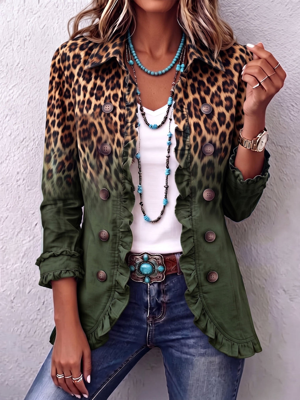 BohoBloom – 🤲 ⏰ Leopard Ombre Ruffle Blazer Jacket