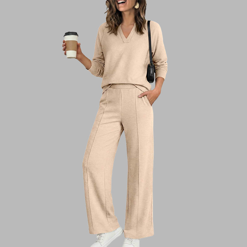 EaseLuxe – 👚Women's Casual V-Neck Top & Wide-Leg Pants Set