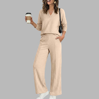 EaseLuxe – 👚Women's Casual V-Neck Top & Wide-Leg Pants Set