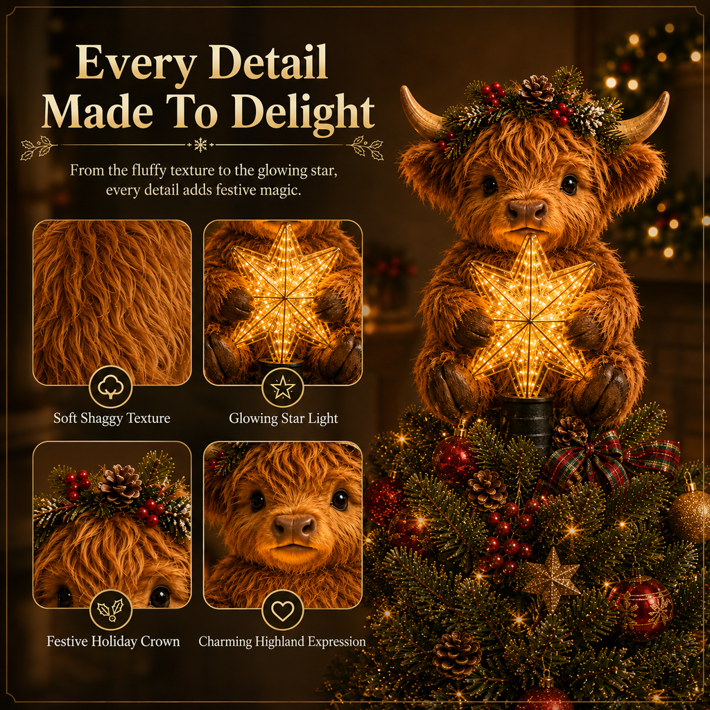 🎄HighlandGlow – Baby Highland Cow Glowing Star Tree Topper✨
