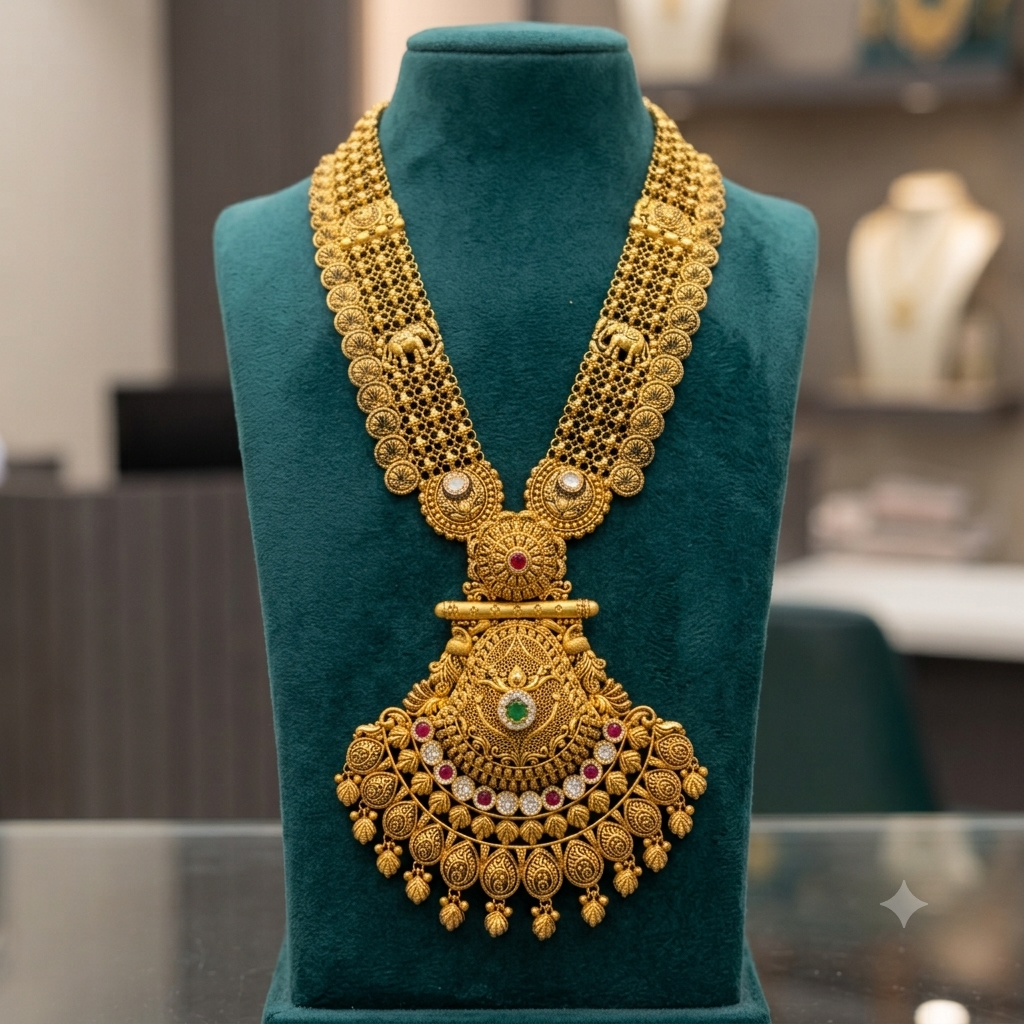 TempleRani – Gold-Tone Temple Jewellery Long Necklace with Pendant