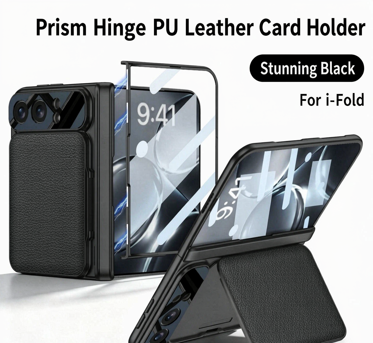 ⭐PrismFold – Magnetic Leather Wallet Stand Case with Screen Glass Film for iPhone Duo