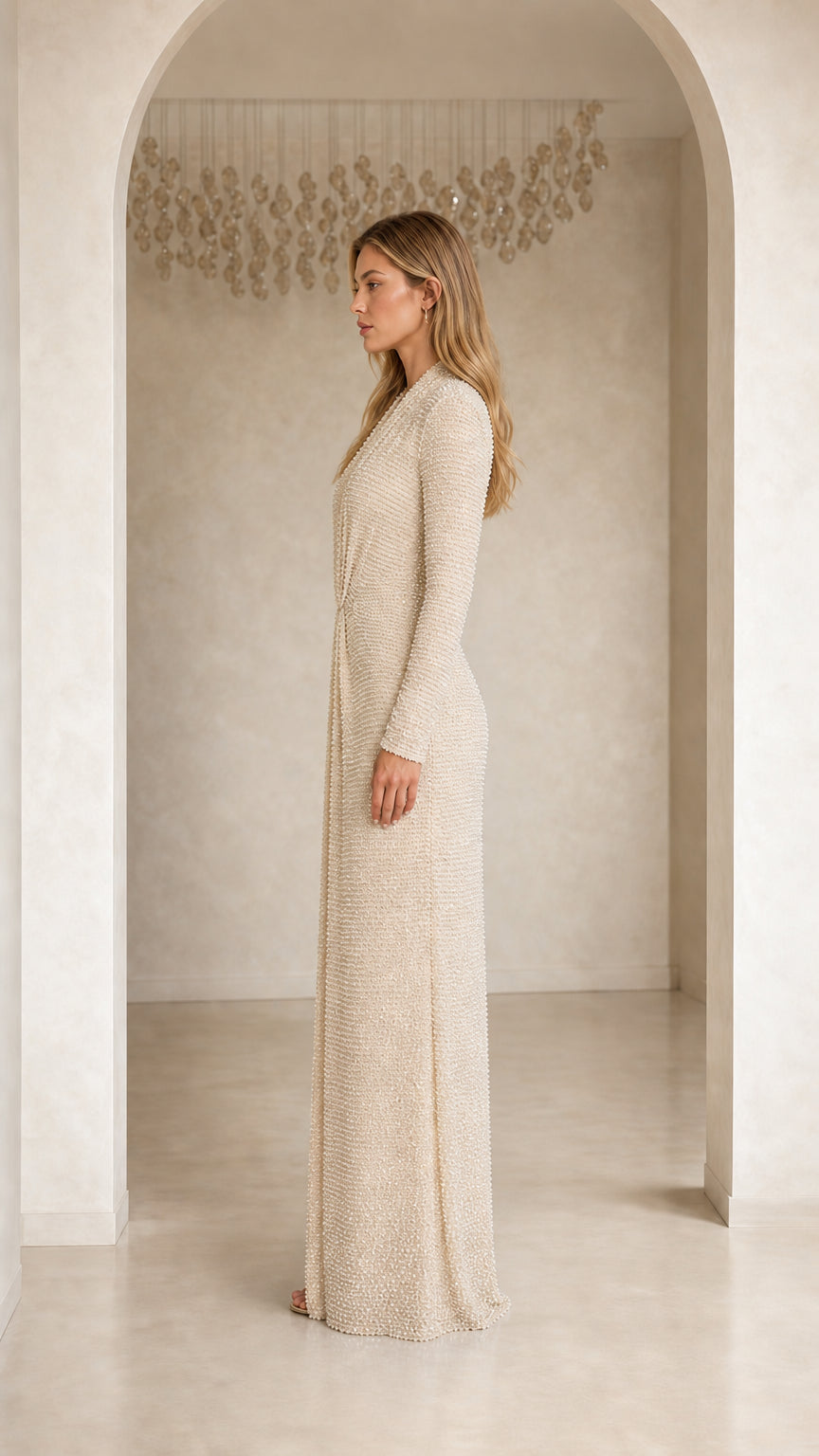 GlimmerDrape – Sequin Long Sleeve V-Neck Maxi Dress