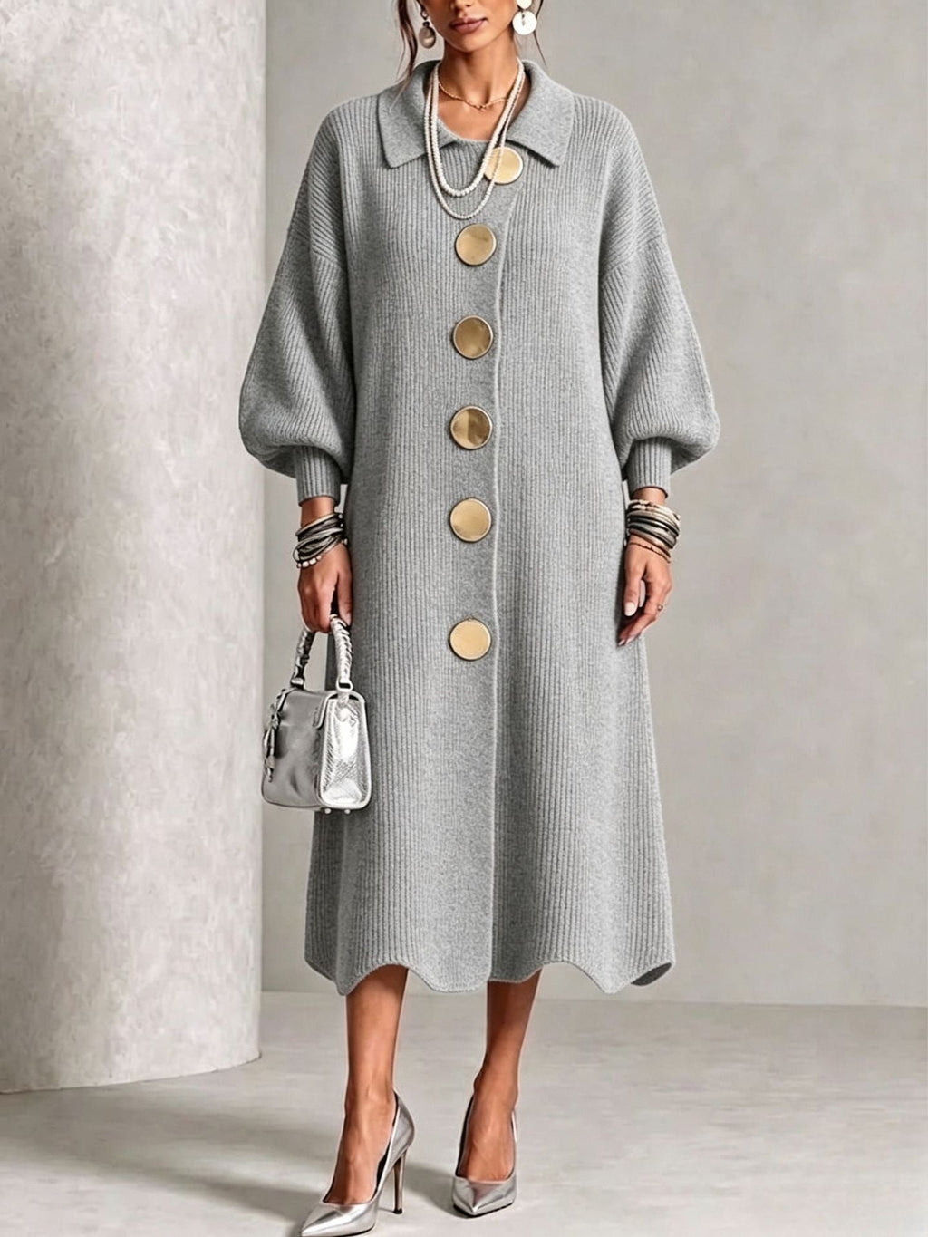 LanternLuxe – 🤲⏰ Long-Sleeve Knit Midi Dress with Large Metal Buttons, Lapel Collar & Lantern Sleeves