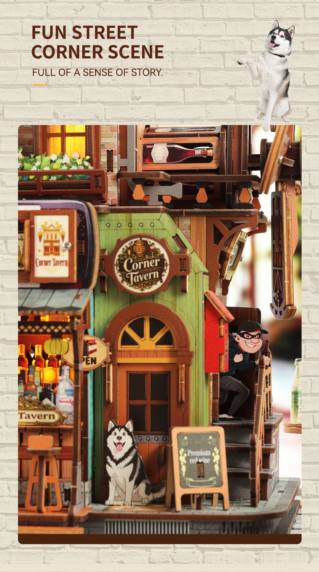 Street-corner door, dog and tavern sign details
