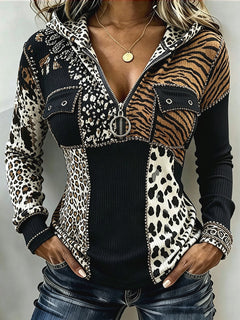 WildPatch – 🤲⏰ Chic Animal Patchwork Print Ribbed Hooded Top