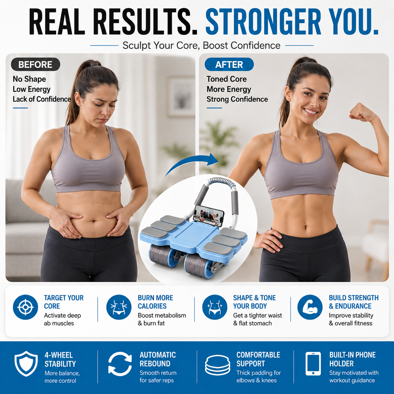 CoreRebound – Four-Wheel Smart Ab Roller with Automatic Rebound & Elbow Support