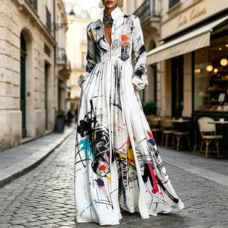 CanvasFlow – Women's Artistic Print Long-Sleeve Maxi Dress