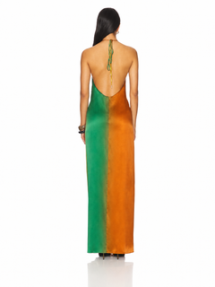 SunsetFlow – Ombre Satin Halter Maxi Dress