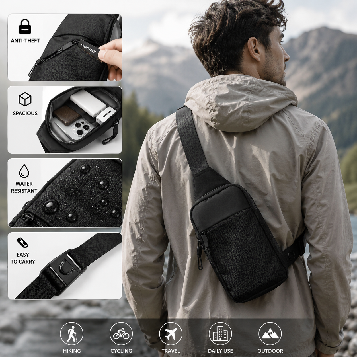 SlingGuard – Anti-Theft Everyday Sling Bag, Lightweight Crossbody Travel Pack