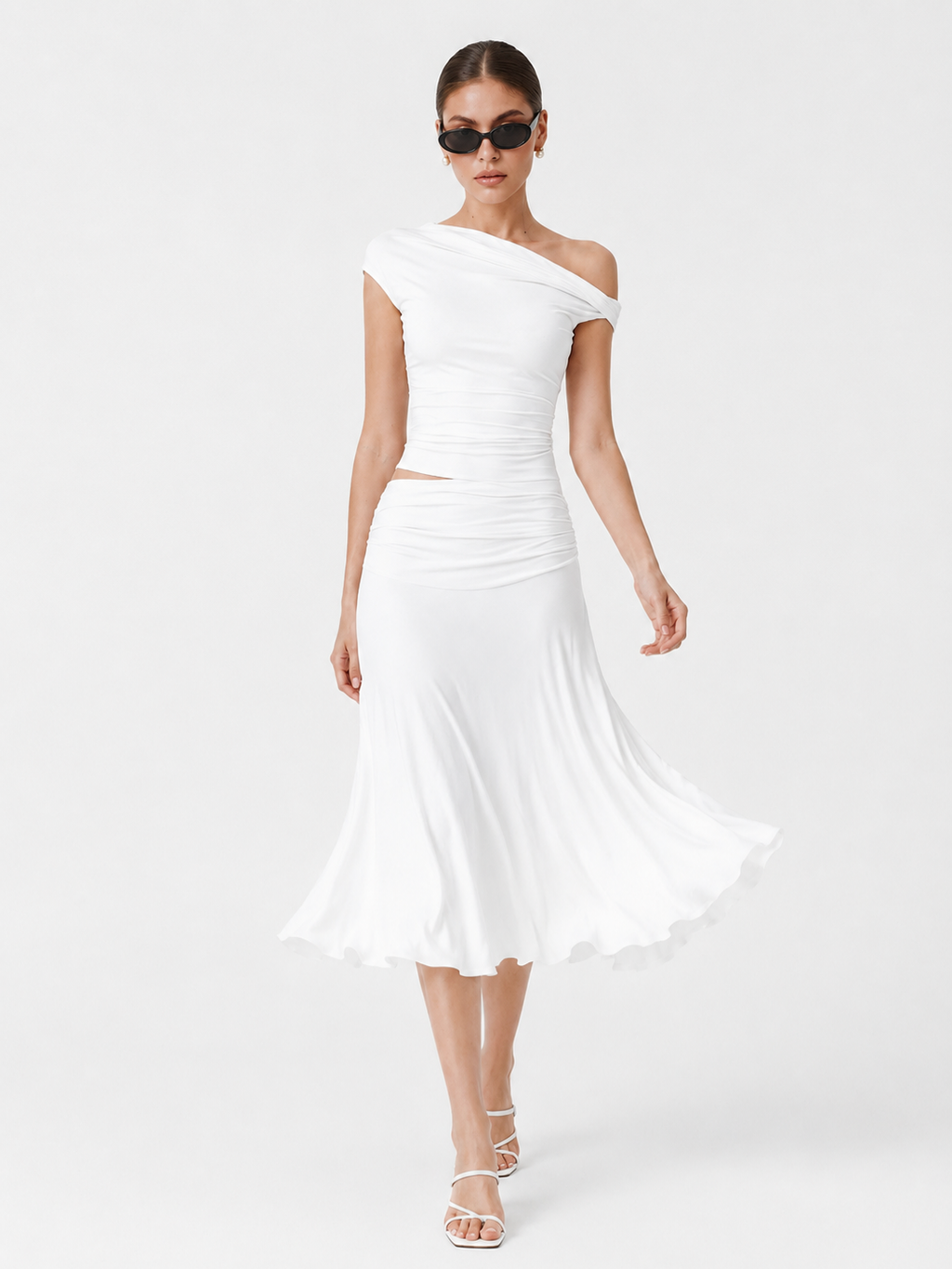 MilayaSculpt – Off-the-Shoulder Ruched Top & Midi Skirt Set