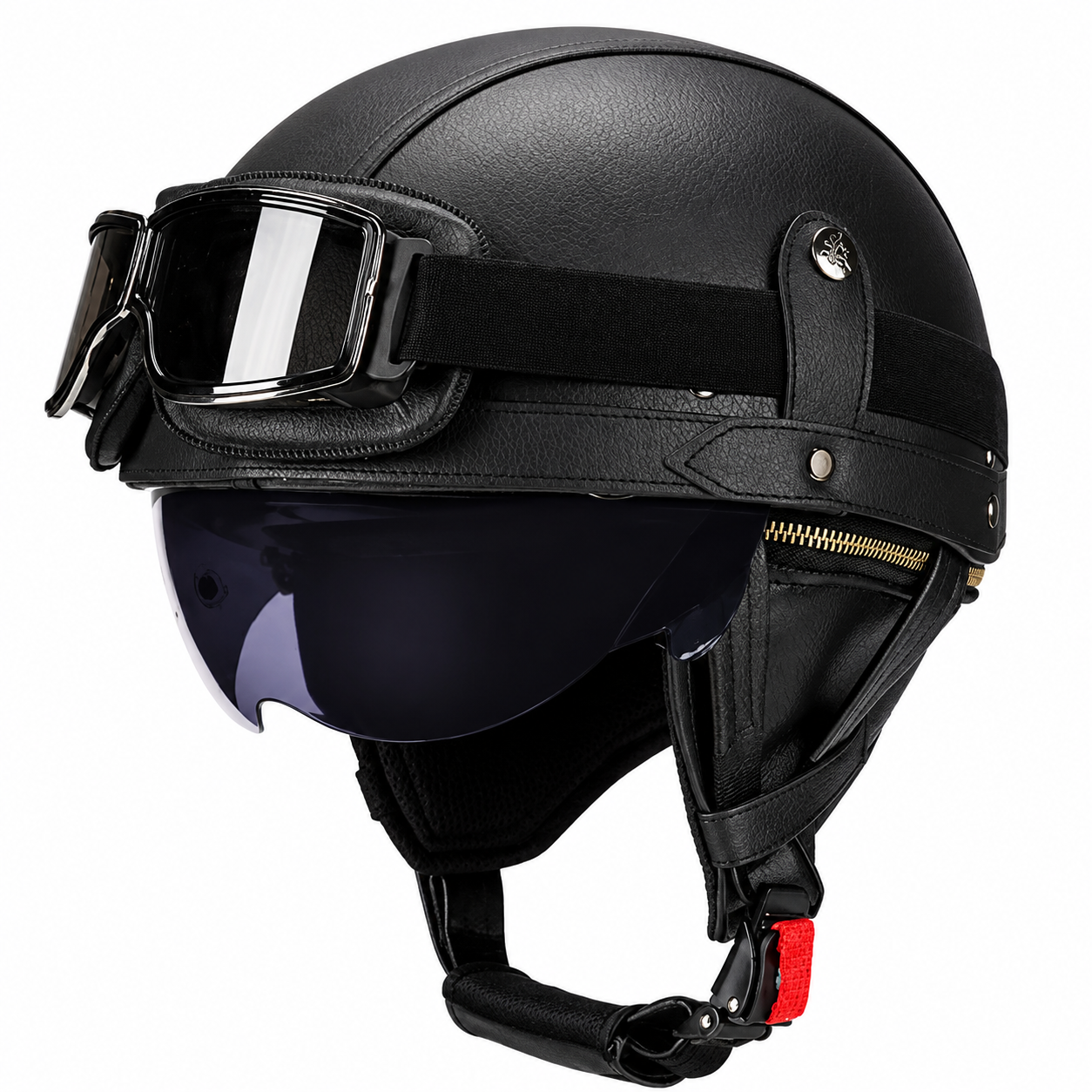 AviatorRide – Vintage PU Leather DOT Motorcycle Half Helmet with Goggles