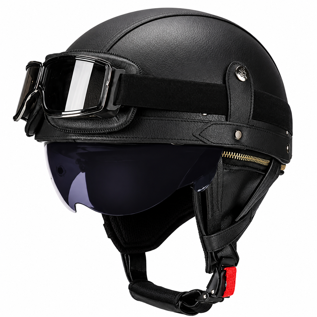 AviatorRide – Vintage PU Leather DOT Motorcycle Half Helmet with Goggles