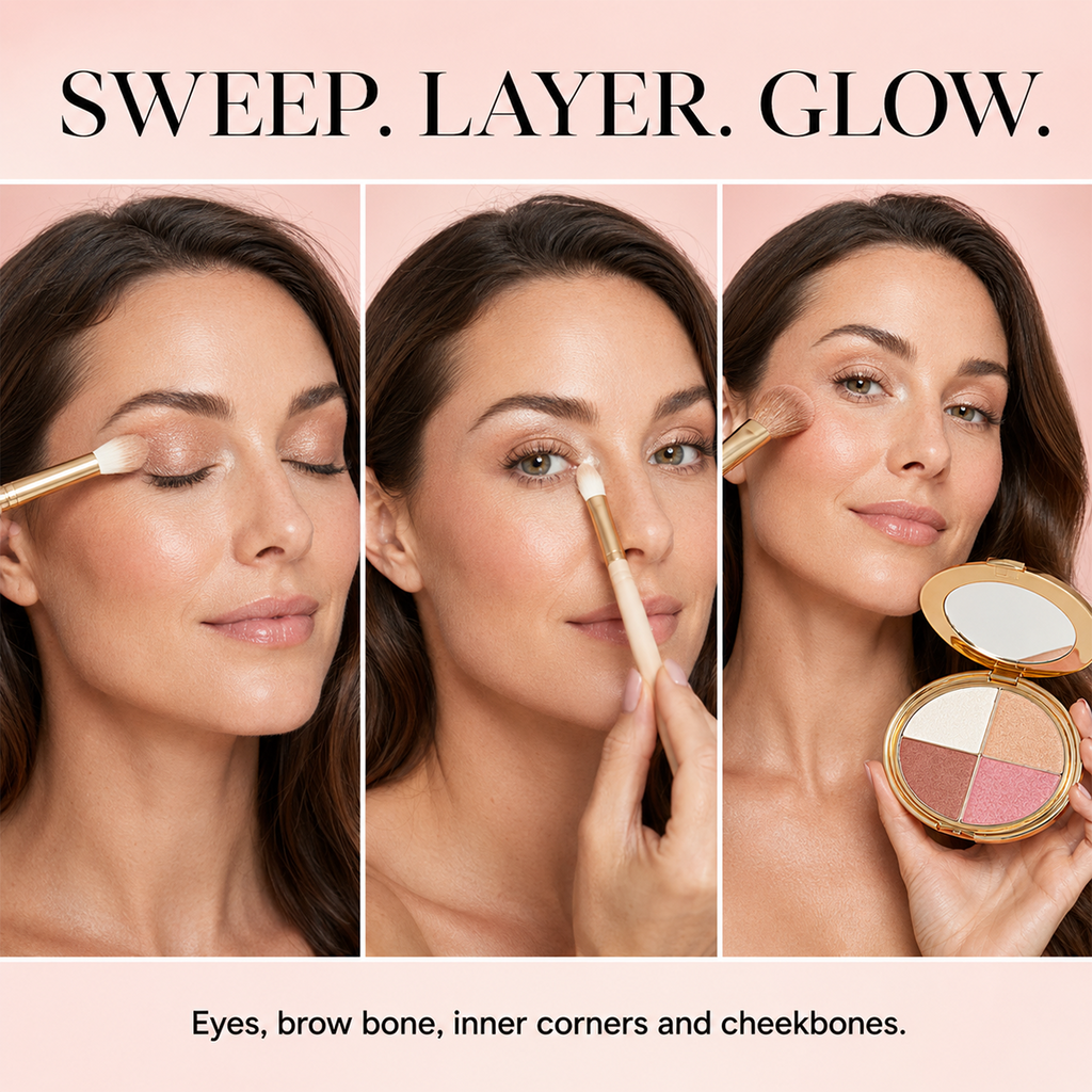 GlowQuad – 4-in-1 Glow Palette for Highlight, Bronze, Blush & Eyes