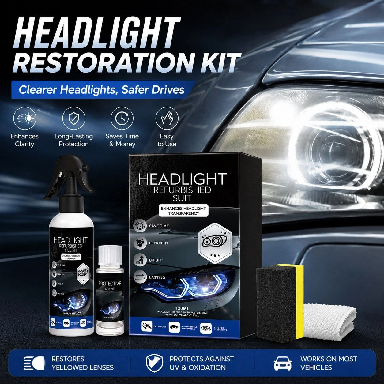 ClearBeam Headlight Restorer – Oxidation & Yellowing Removal Polish Kit