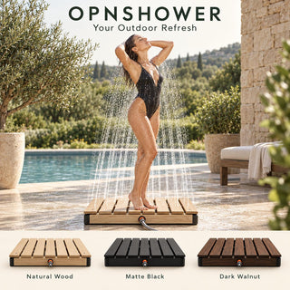 RinseDeck – Hose-Connected Outdoor Shower Platform with Non-Slip Wood-Grain Deck
