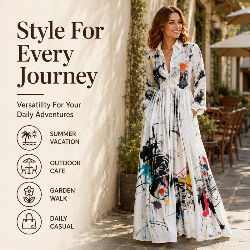 CanvasFlow – Women's Artistic Print Long-Sleeve Maxi Dress