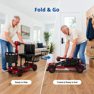 Split image of an older man using a red mobility scooter indoors: upright and ready to ride on left, folded and ready to roll on right.