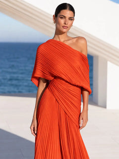 DrapeGala – One Shoulder Pleated Evening Gown