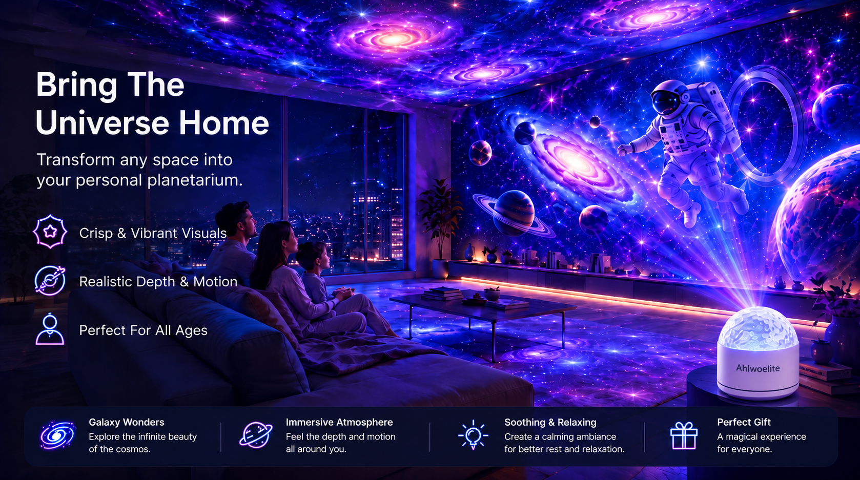NebulaTide – 🦖 360° Smart Holographic Galaxy & Ocean Night Light Projector