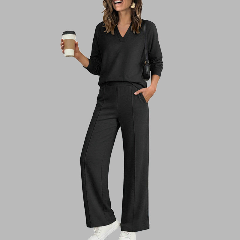 EaseLuxe – 👚Women's Casual V-Neck Top & Wide-Leg Pants Set