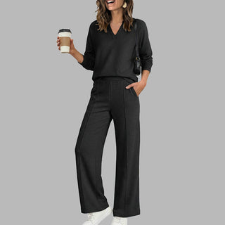 EaseLuxe – 👚Women's Casual V-Neck Top & Wide-Leg Pants Set
