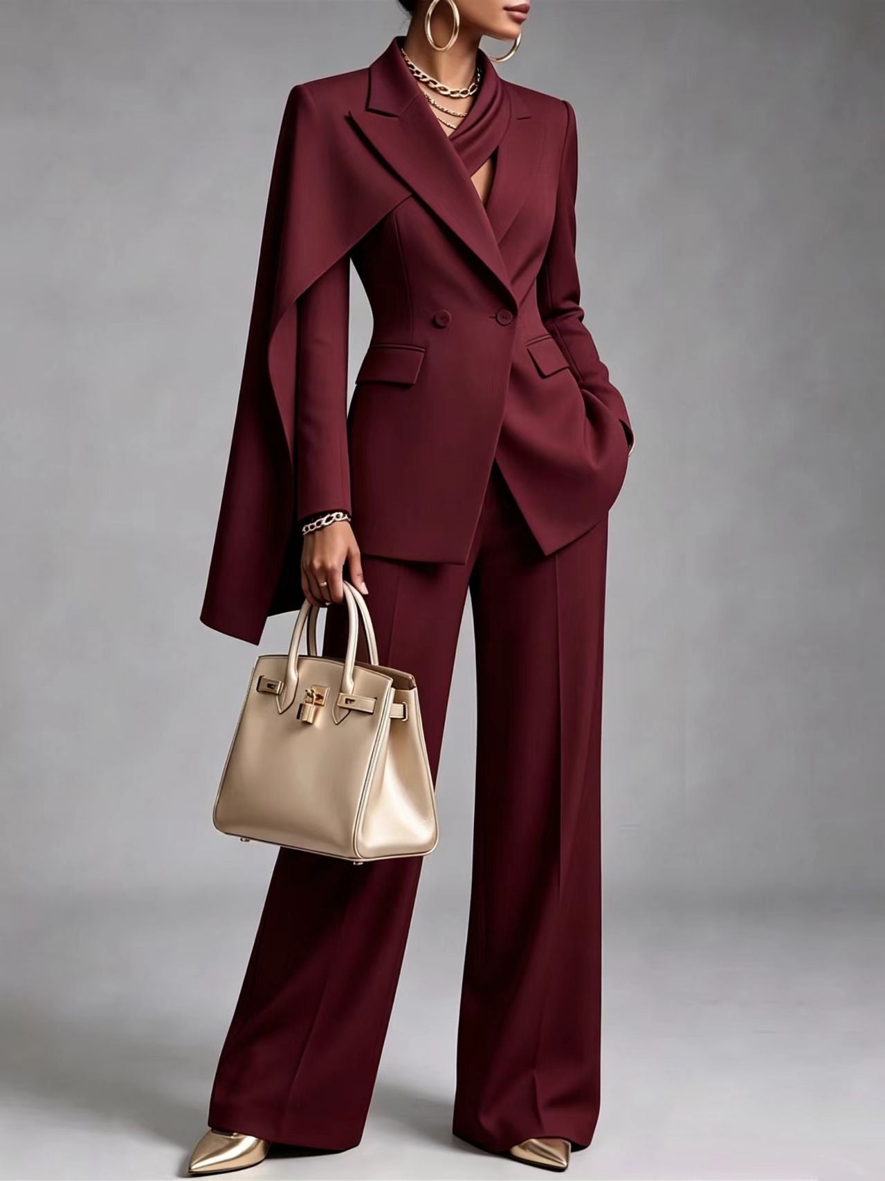 CapeLuxe – 🤲⏰ Women's Chic 2-Piece Suit Set with Asymmetric Cape Blazer & Wide-Leg Pants
