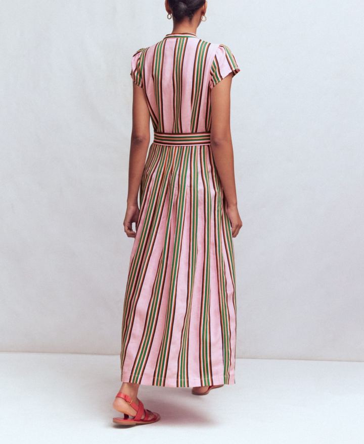 Pink Striped Belted Linen Blend Dress