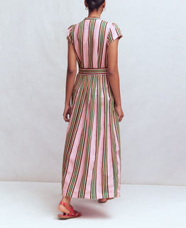 Pink Striped Belted Linen Blend Dress