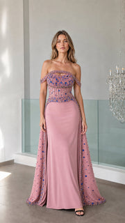 LuminaGrace – Off-the-Shoulder Beaded Evening Gown with Sheer Corset Bodice