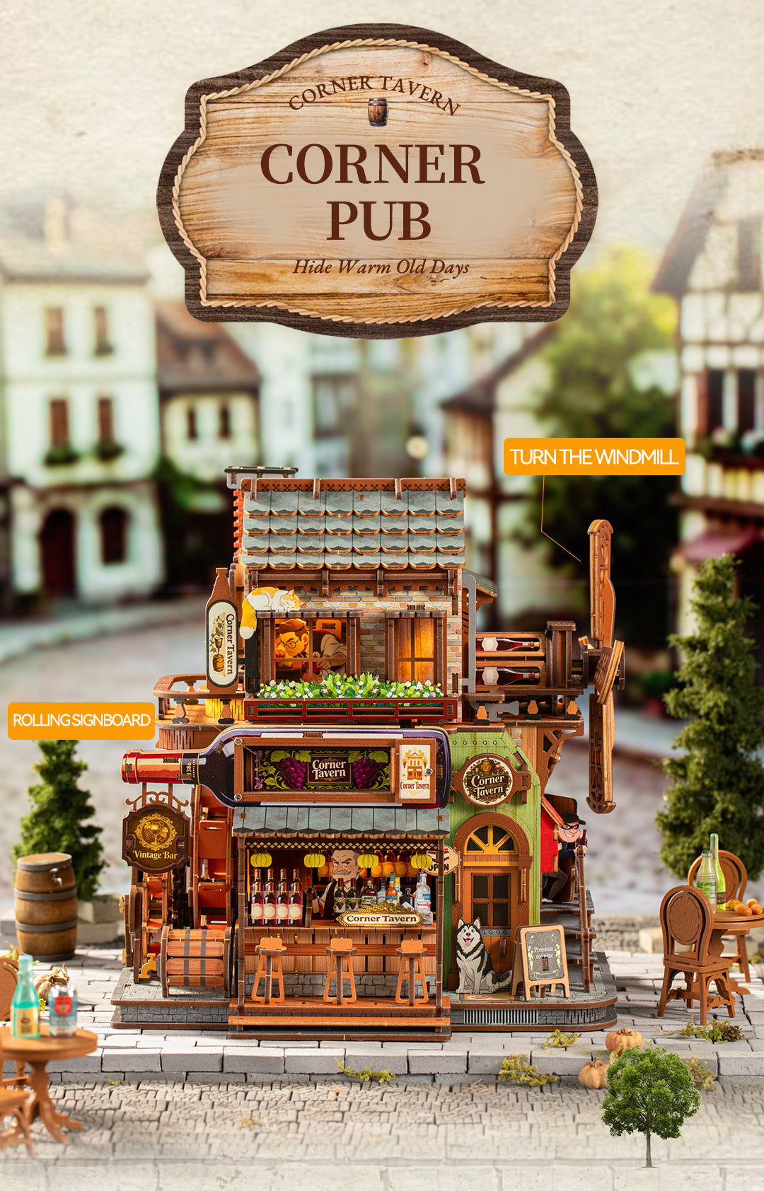 Corner Tavern front view with turnable windmill and rotating bottle sign