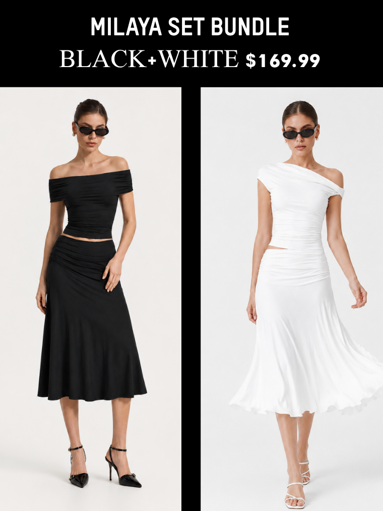 MilayaMuse – Off-the-Shoulder Ruched Top & Midi Skirt Set
