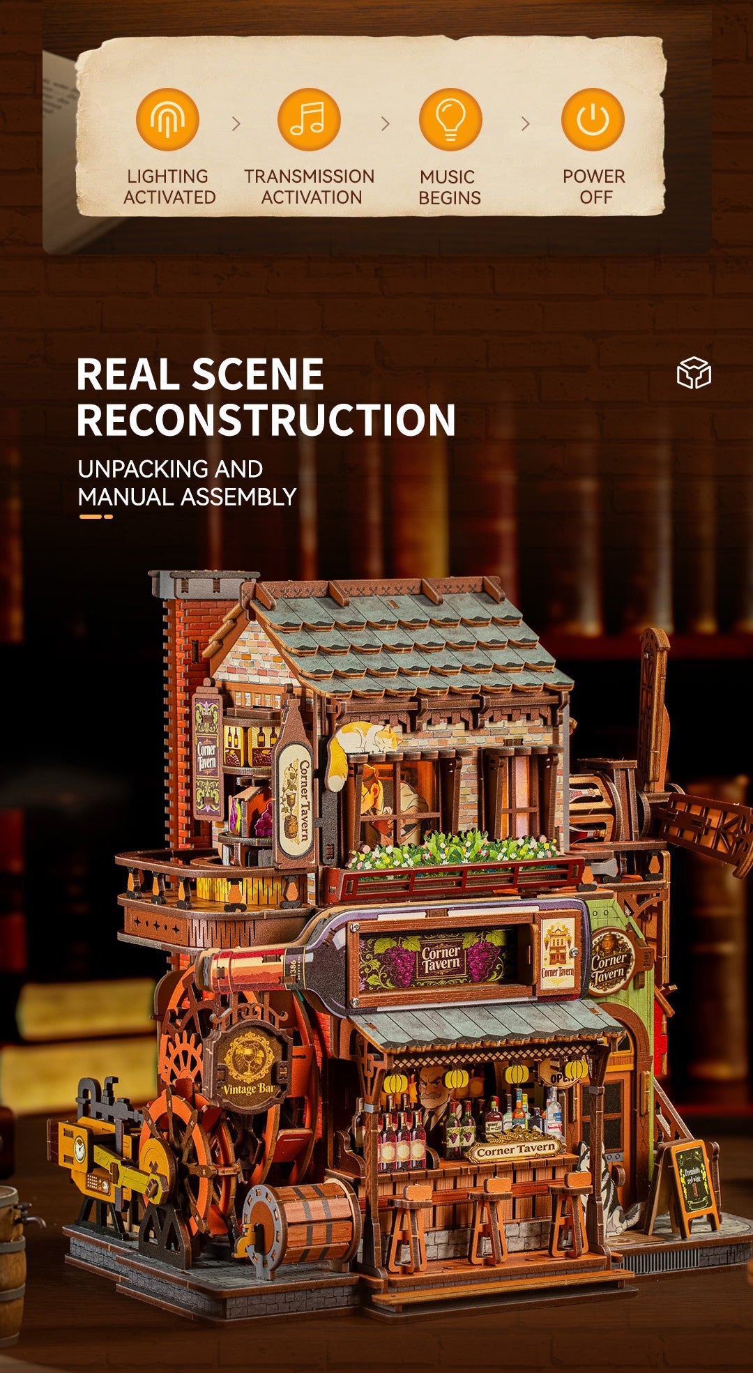 Corner Tavern completed model beside the illustrated assembly guide