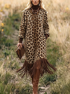 WildFringe – Boho Leopard Print Fringe Dress with Long Sleeves