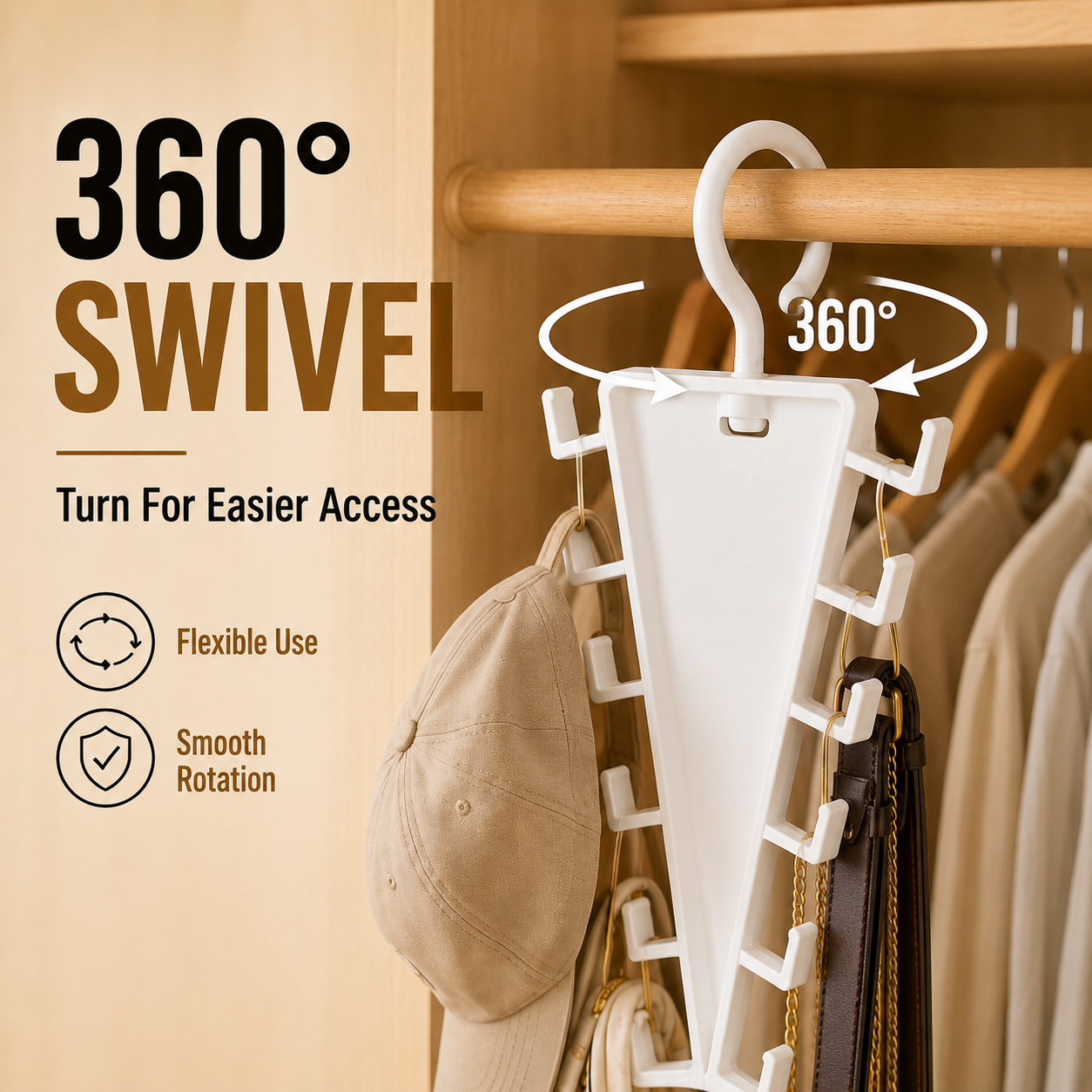 ✨ SwivelNest – 12-Hook V-Shaped Closet Organizer for Hats, Belts, Scarves & Bags