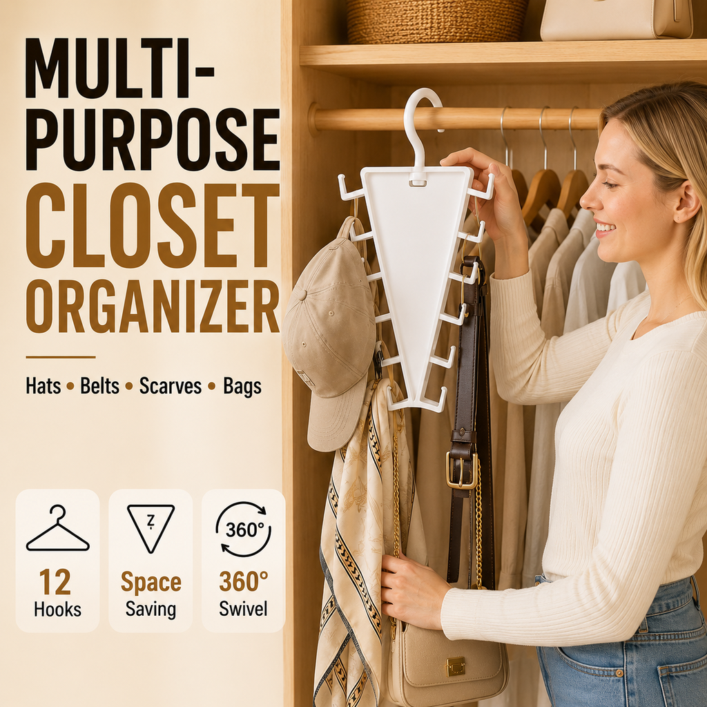 ✨ SwivelNest – 12-Hook V-Shaped Closet Organizer for Hats, Belts, Scarves & Bags