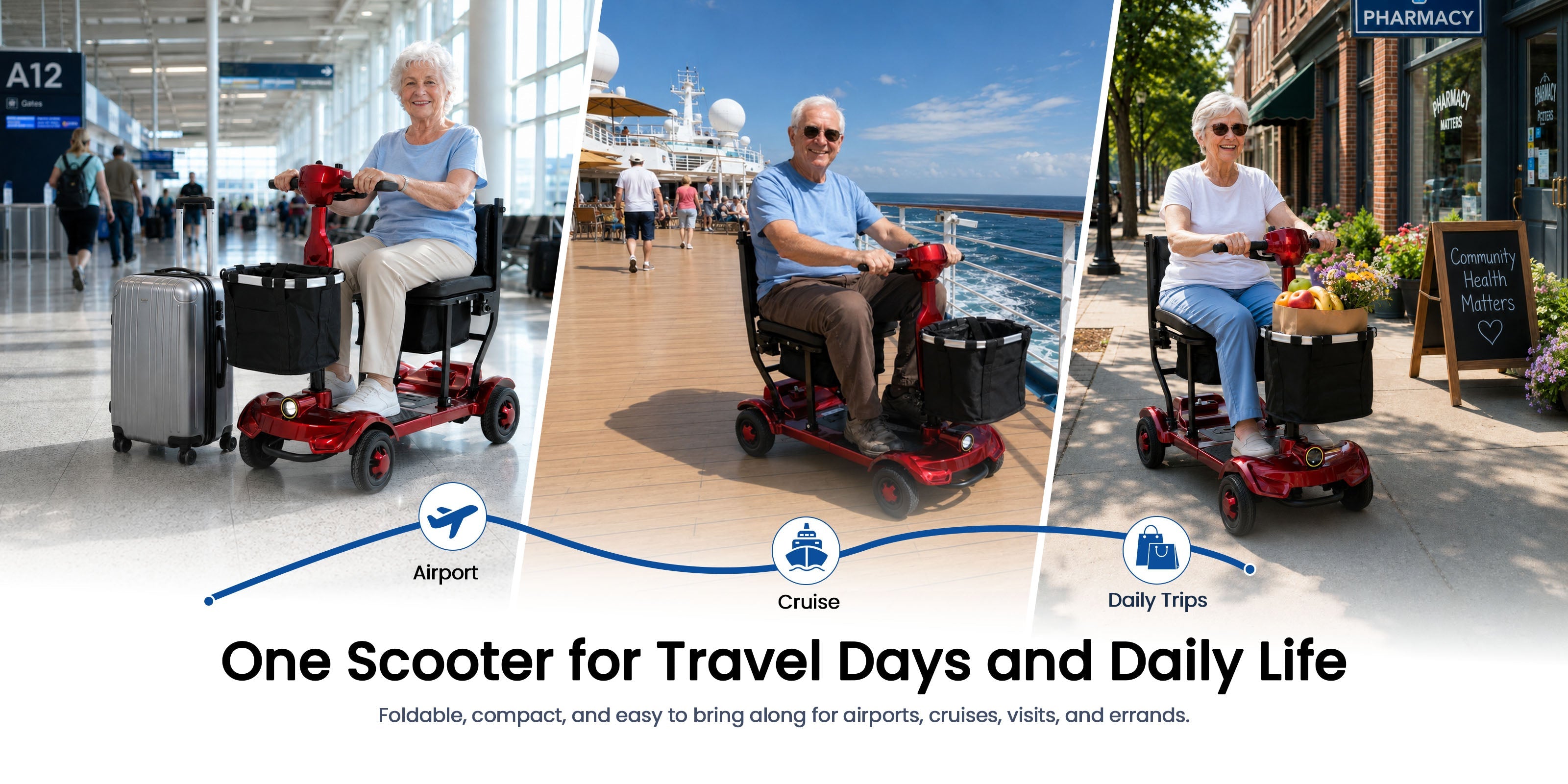 Collage shows an older woman using a red mobility scooter at an airport, on a cruise ship, and downtown by a café; travel made easy.