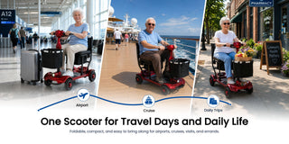 Collage shows an older woman using a red mobility scooter at an airport, on a cruise ship, and downtown by a café; travel made easy.