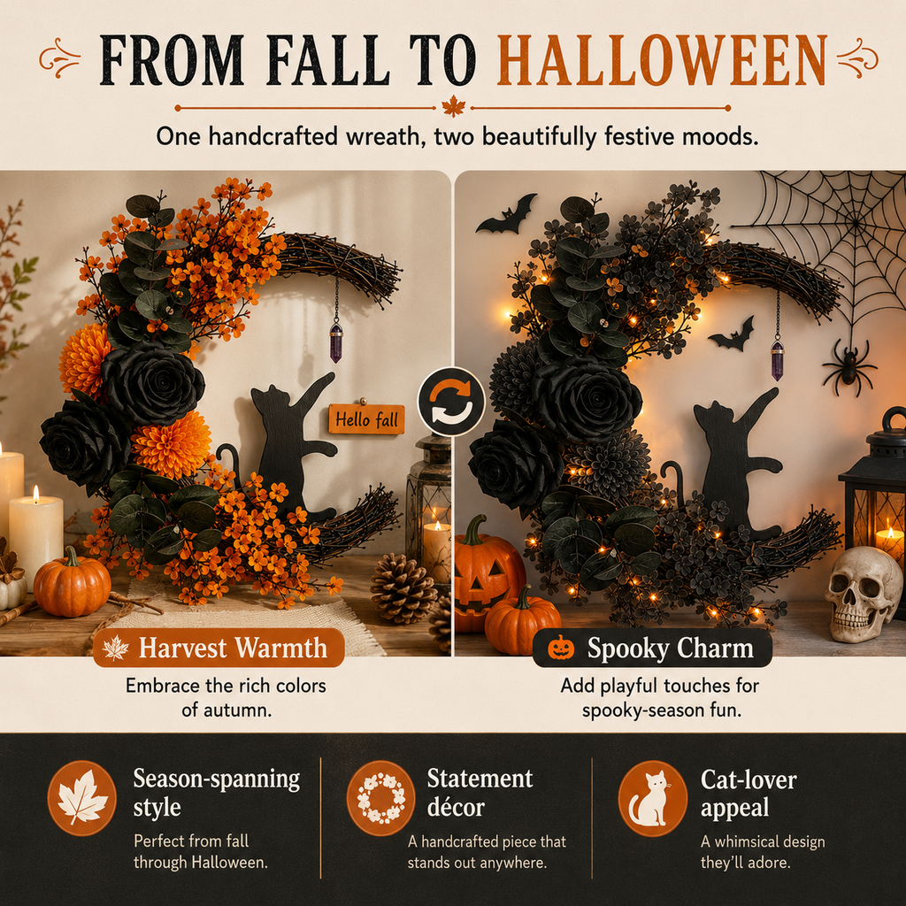 CrescentPurr – Handmade Halloween Cat Wreath🐈‍⬛🌙