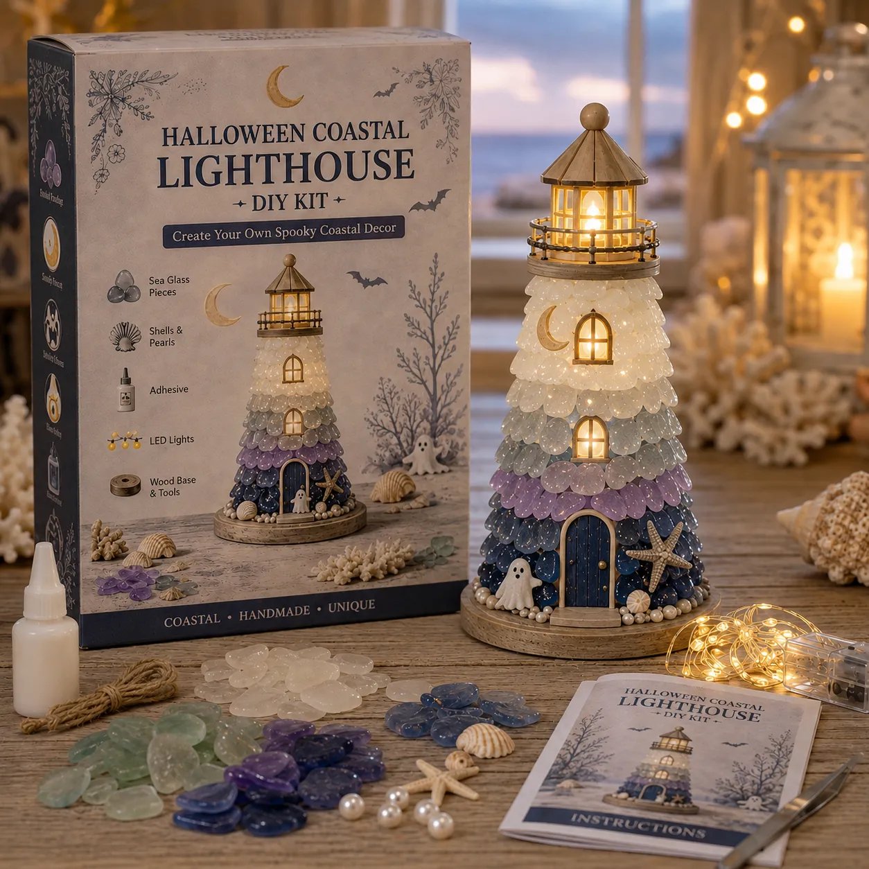 GlowHarbor – ⏳ 🌊 Beginner-Friendly DIY Lighted Sea Glass-Style Lighthouse Kit with LED Lights & Step-by-Step Guide 💕