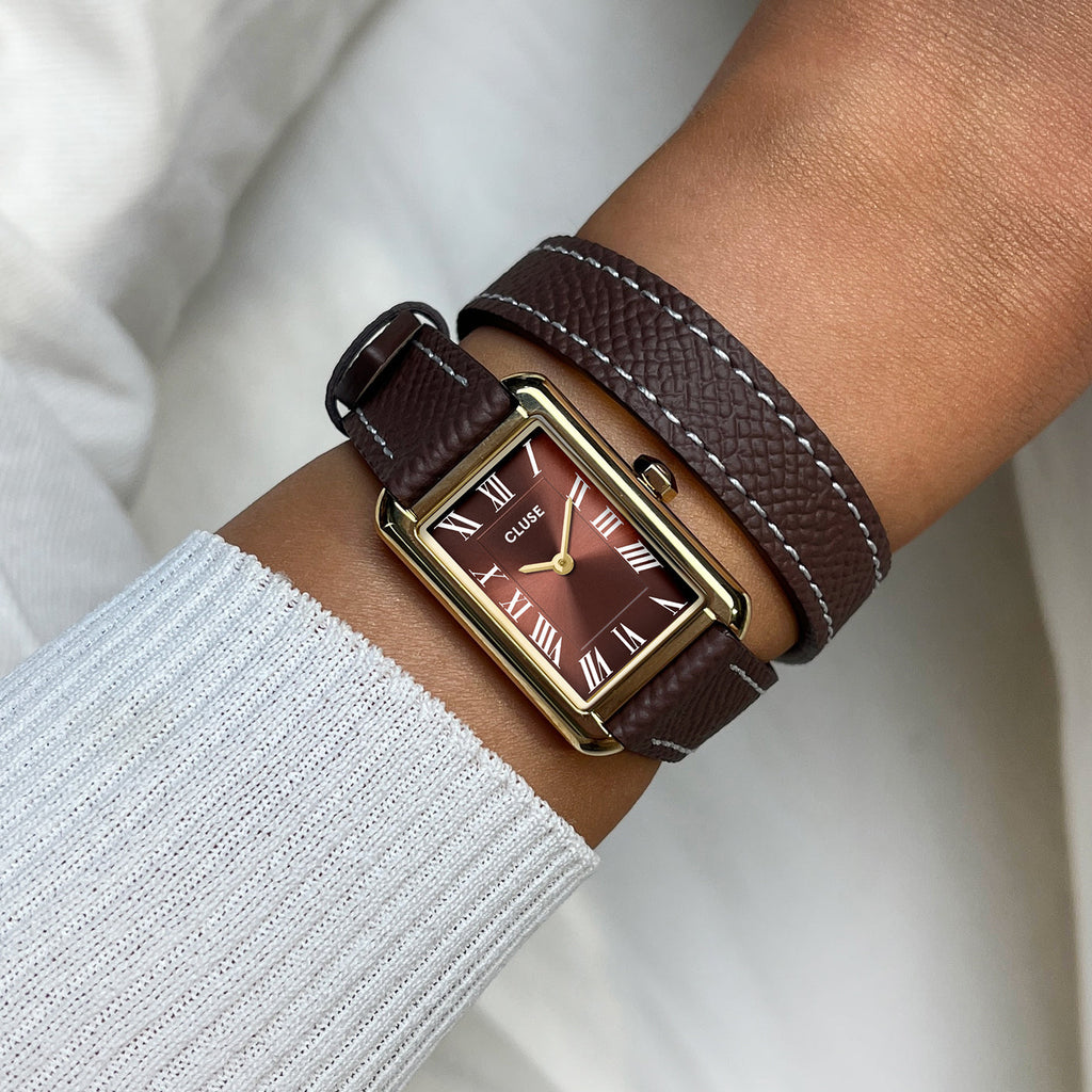 MochaWrap – Belisenna Rectangular Watch with Double Leather Strap, Gold Colour