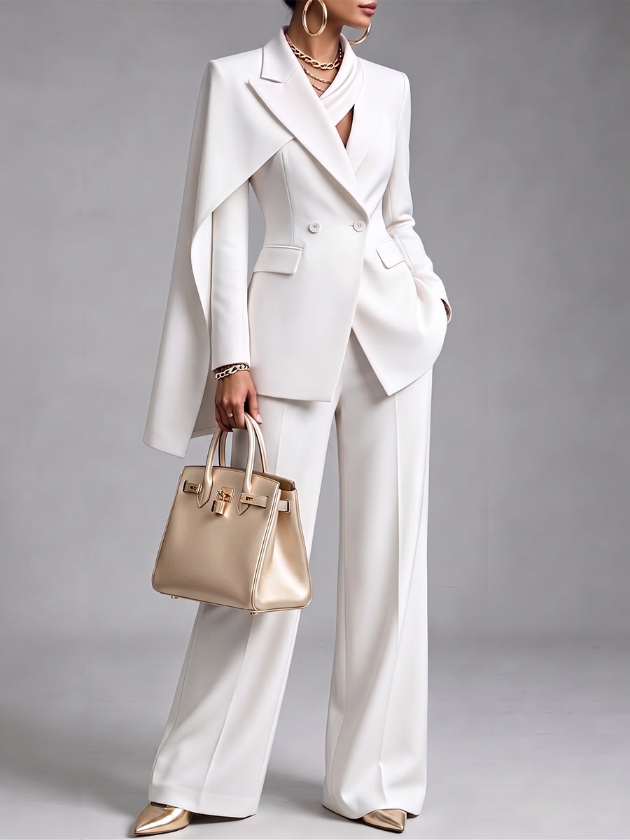 CapeLuxe – 🤲⏰ Women's Chic 2-Piece Suit Set with Asymmetric Cape Blazer & Wide-Leg Pants